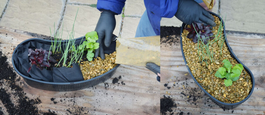 Adding gravel to pond basket